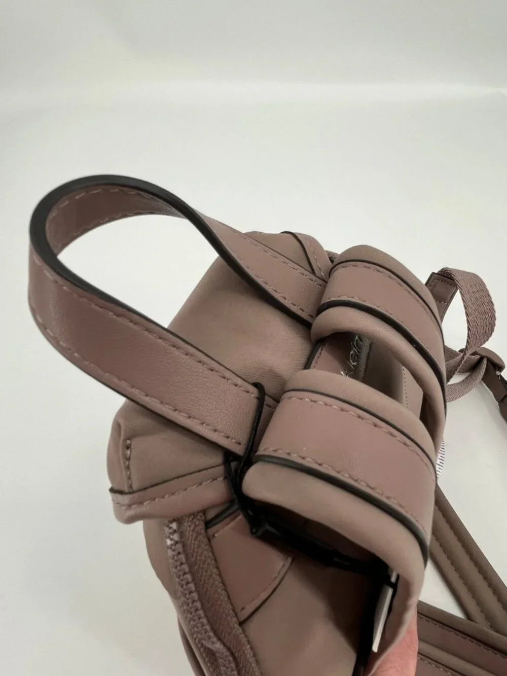 Calvin Klein Shay Mini Backpack Taupe Nylon Zip Buckle Front Pockets Adjustable
